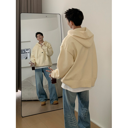 Holocene美式潮牌超好看秋冬連帽毛衣半開衫紐釦情侶套頭針織衫男