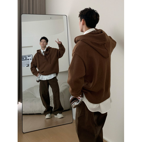 Holocene美式潮牌超好看秋冬連帽毛衣半開衫紐釦情侶套頭針織衫男