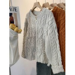 韓系復古麻花圓領針織套頭女冬季慵懶寬松毛衣外搭高級感軟糯上衣