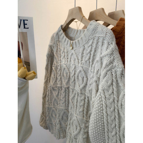 韓系復古麻花圓領針織套頭女冬季慵懶寬松毛衣外搭高級感軟糯上衣 韓系復古麻花圓領針織套頭女冬季慵懶寬松毛衣外搭高級感軟糯上衣