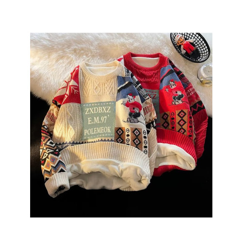 聖誕節紅色毛衣男女生冬季加絨加厚保暖針織衫港風潮流情侶裝外套