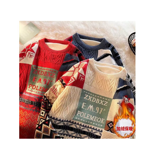 聖誕節紅色毛衣男女生冬季加絨加厚保暖針織衫港風潮流情侶裝外套