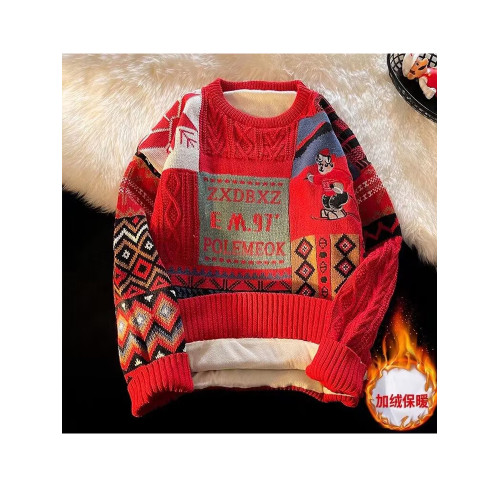 聖誕節紅色毛衣男女生冬季加絨加厚保暖針織衫港風潮流情侶裝外套