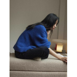 法式克萊因藍復古慵懶風毛衣女高級感秋冬加厚寬松圓領套頭針織衫