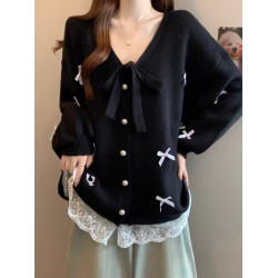 假兩件紅色蝴蝶結針織開衫毛衣外套女2025秋冬新款胖mm中長款上衣