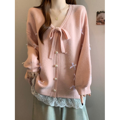 假兩件紅色蝴蝶結針織開衫毛衣外套女2025秋冬新款胖mm中長款上衣