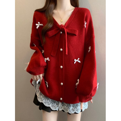 假兩件紅色蝴蝶結針織開衫毛衣外套女2025秋冬新款胖mm中長款上衣