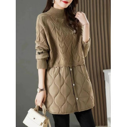 高領毛衣女中長款加厚2025秋冬新款假兩件針織衫拼接棉服寬松上衣