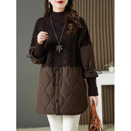 高領毛衣女中長款加厚2025秋冬新款假兩件針織衫拼接棉服寬松上衣 高領毛衣女中長款加厚2025秋冬新款假兩件針織衫拼接棉服寬松上衣