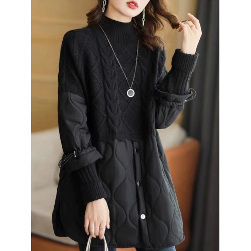 高領毛衣女中長款加厚2025秋冬新款假兩件針織衫拼接棉服寬松上衣 高領毛衣女中長款加厚2025秋冬新款假兩件針織衫拼接棉服寬松上衣