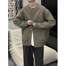 2025春秋新款棒球領粗針開衫純色寬松休閒慵懶感毛衣外套男女同款