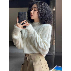 白色高級感麻花法式復古慵懶風針織衫加厚套頭毛衣秋冬短款女上衣