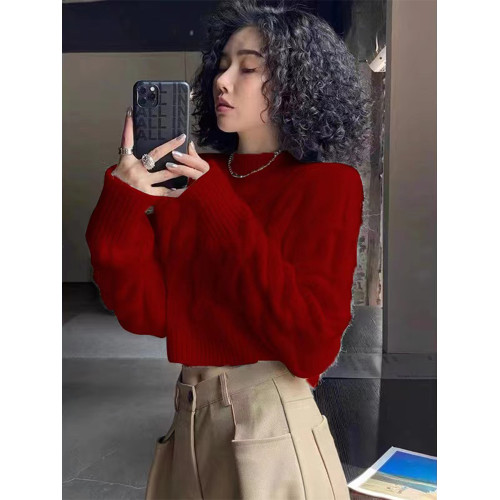 白色高級感麻花法式復古慵懶風針織衫加厚套頭毛衣秋冬短款女上衣