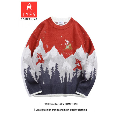 2023新年復古聖誕老人紅色毛衣秋冬寬松慵懶風圓領情侶針織打底衫 2023新年復古聖誕老人紅色毛衣秋冬寬松慵懶風圓領情侶針織打底衫