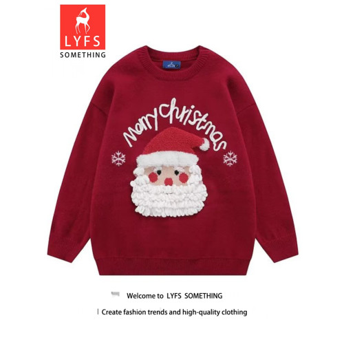 2023新年復古聖誕老人紅色毛衣秋冬寬松慵懶風圓領情侶針織打底衫 2023新年復古聖誕老人紅色毛衣秋冬寬松慵懶風圓領情侶針織打底衫