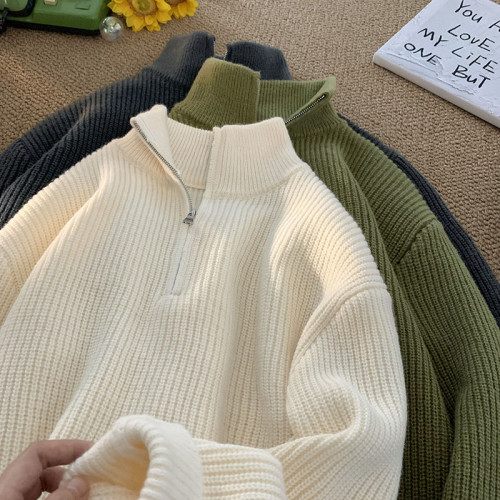 半拉鍊韓系毛衣男秋冬純色高領針織衫情侶慵懶風潮流百搭休閒外套 半拉鍊韓系毛衣男秋冬純色高領針織衫情侶慵懶風潮流百搭休閒外套