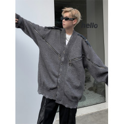 小衆解搆拉鍊開衫毛衣男秋冬灰色重工破壞美式設計感復古針織外套