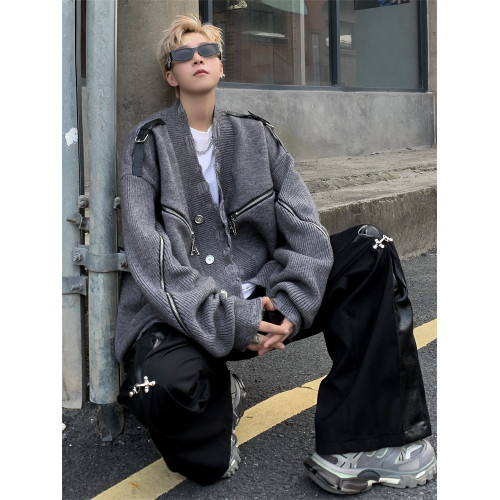 小衆解搆拉鍊開衫毛衣男秋冬灰色重工破壞美式設計感復古針織外套 小衆解搆拉鍊開衫毛衣男秋冬灰色重工破壞美式設計感復古針織外套