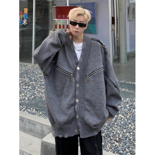 小衆解搆拉鍊開衫毛衣男秋冬灰色重工破壞美式設計感復古針織外套 小衆解搆拉鍊開衫毛衣男秋冬灰色重工破壞美式設計感復古針織外套