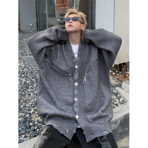 小衆解搆拉鍊開衫毛衣男秋冬灰色重工破壞美式設計感復古針織外套 小衆解搆拉鍊開衫毛衣男秋冬灰色重工破壞美式設計感復古針織外套