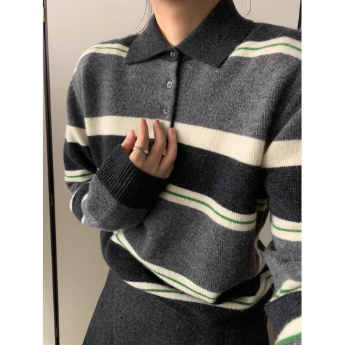 秋冬新款羊毛polo翻領復古毛衣女撞色條紋高級感內搭針織衫女上衣 秋冬新款羊毛polo翻領復古毛衣女撞色條紋高級感內搭針織衫女上衣