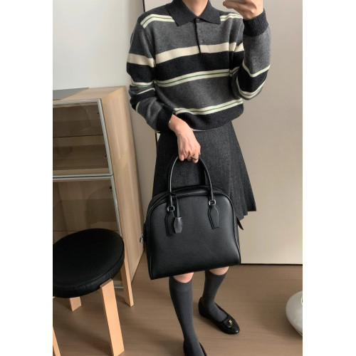 秋冬新款羊毛polo翻領復古毛衣女撞色條紋高級感內搭針織衫女上衣 秋冬新款羊毛polo翻領復古毛衣女撞色條紋高級感內搭針織衫女上衣