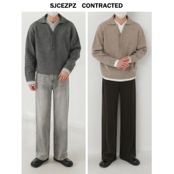 ZPZ設計感拼接撞色假兩件POLO翻領針織衫男秋冬季寬松V領套頭毛衣