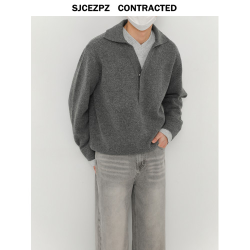 ZPZ設計感拼接撞色假兩件POLO翻領針織衫男秋冬季寬松V領套頭毛衣 ZPZ設計感拼接撞色假兩件POLO翻領針織衫男秋冬季寬松V領套頭毛衣