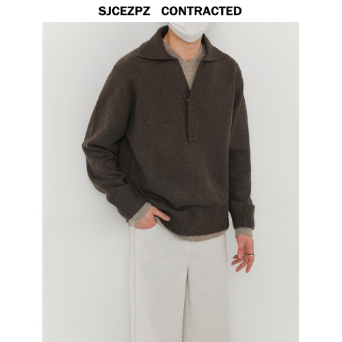 ZPZ設計感拼接撞色假兩件POLO翻領針織衫男秋冬季寬松V領套頭毛衣 ZPZ設計感拼接撞色假兩件POLO翻領針織衫男秋冬季寬松V領套頭毛衣