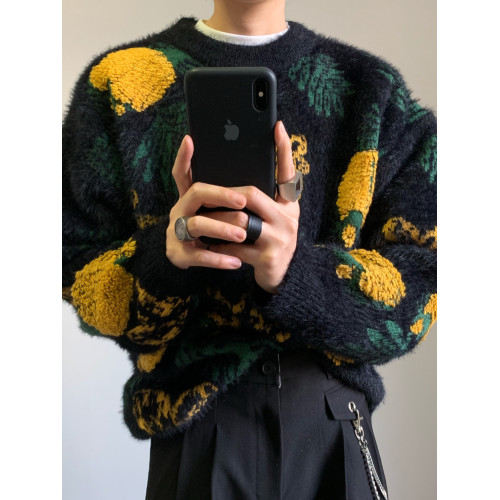 XXXHOT韓版百搭加厚菠蘿提花圖案寬松慵懶情侶男套頭毛衣潮馬海毛 XXXHOT韓版百搭加厚菠蘿提花圖案寬松慵懶情侶男套頭毛衣潮馬海毛