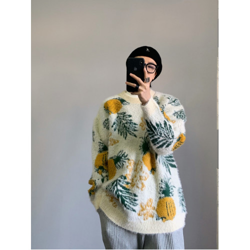 XXXHOT韓版百搭加厚菠蘿提花圖案寬松慵懶情侶男套頭毛衣潮馬海毛 XXXHOT韓版百搭加厚菠蘿提花圖案寬松慵懶情侶男套頭毛衣潮馬海毛