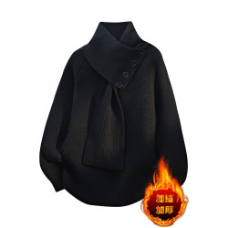 情侶加絨可翻高領毛衣男女圍巾針織衫外套秋冬寬松加厚套頭打底衫