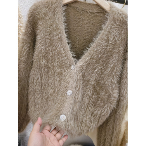 仿水貂絨名媛外搭針織外套女秋冬新款小香風高級軟糯短款毛衣上衣