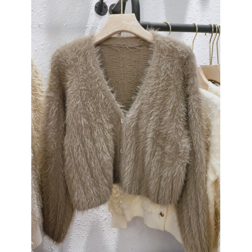 仿水貂絨名媛外搭針織外套女秋冬新款小香風高級軟糯短款毛衣上衣