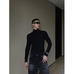 weave 極簡天花板 鎖溫髮熱德絨時髦修身黑色半高領長袖打底上衣