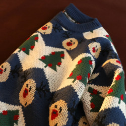 NO /美式復古聖誕樹可愛針織衫毛衣男2023新款情侶用藍楓潮牌