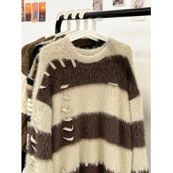 軟糯水貂絨條紋撞色毛衣女秋冬季寬松設計感小衆慵懶風針織衫上衣