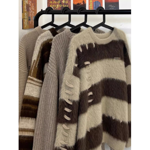 軟糯水貂絨條紋撞色毛衣女秋冬季寬松設計感小衆慵懶風針織衫上衣 軟糯水貂絨條紋撞色毛衣女秋冬季寬松設計感小衆慵懶風針織衫上衣