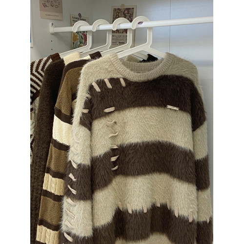 軟糯水貂絨條紋撞色毛衣女秋冬季寬松設計感小衆慵懶風針織衫上衣 軟糯水貂絨條紋撞色毛衣女秋冬季寬松設計感小衆慵懶風針織衫上衣