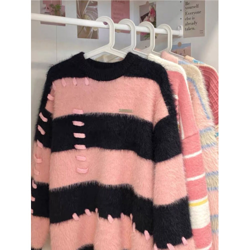 軟糯水貂絨條紋撞色毛衣女秋冬季寬松設計感小衆慵懶風針織衫上衣 軟糯水貂絨條紋撞色毛衣女秋冬季寬松設計感小衆慵懶風針織衫上衣