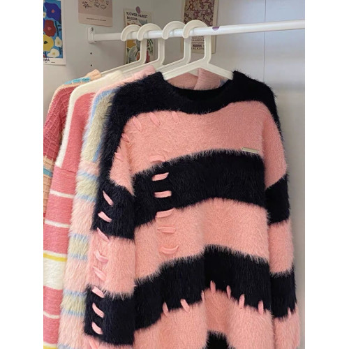 軟糯水貂絨條紋撞色毛衣女秋冬季寬松設計感小衆慵懶風針織衫上衣 軟糯水貂絨條紋撞色毛衣女秋冬季寬松設計感小衆慵懶風針織衫上衣