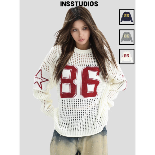 INSstudios 國潮牌情侶美式鏤空短款數字球衣針織罩衫足球服毛衣 INSstudios 國潮牌情侶美式鏤空短款數字球衣針織罩衫足球服毛衣