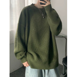 美式圓領綠色毛衣男士秋冬季港風寬鬆慵嬾針織衫潮牌毛線衣服外套