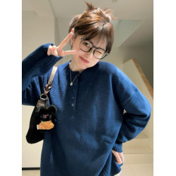 高級感復古亨利領中性風寬松毛衣女秋冬慵懶藍色套頭針織外穿上衣