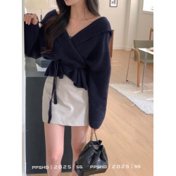 PPSHD針織衫女2024新款連帽開衫外套收腰短款荷葉邊顯瘦小衆毛衣