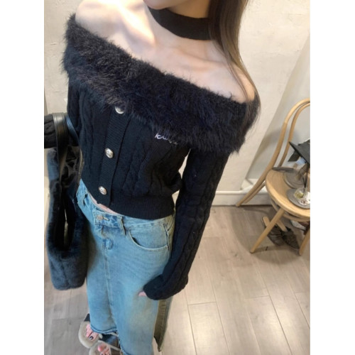 設計感毛領一字肩t恤女2025冬季韓系性感修身辣妹露肩針織衫上衣