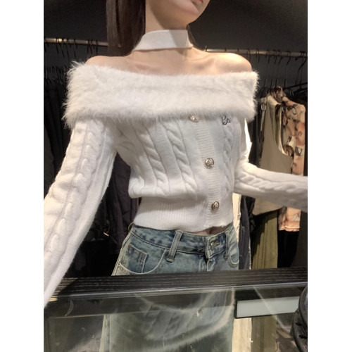 設計感毛領一字肩t恤女2025冬季韓系性感修身辣妹露肩針織衫上衣