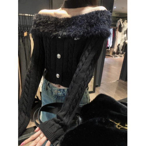 設計感毛領一字肩t恤女2025冬季韓系性感修身辣妹露肩針織衫上衣