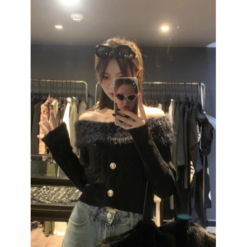 設計感毛領一字肩t恤女2025冬季韓系性感修身辣妹露肩針織衫上衣