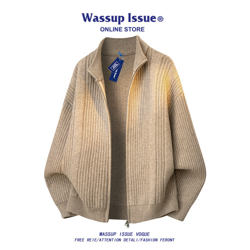 WASSUP ISSUE美式雙拉鍊開衫毛衣男秋冬季高街立領休閒針織衫外套